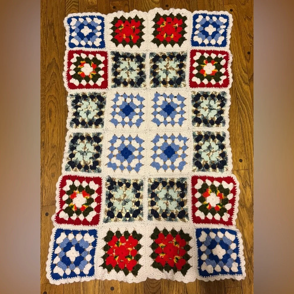 Festive Crochet Blanket with Red, Blue, and White Squares